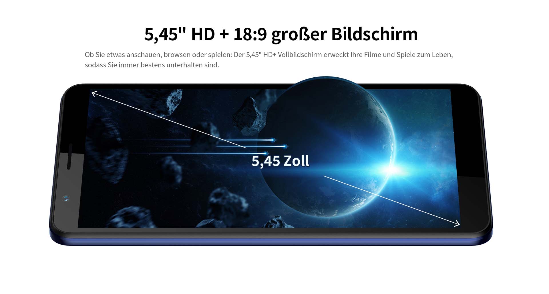 ZTE Blade A31 mit 5,45" HD+ 18:9 großer Bildschirm - Ob Sie etwas anschauen, browsen oder spielen: Der 5,45" HD+ Vollbildschirm erweckt Ihre Filme und Spiele zum Leben, sodass Sie immer bestens unterhalten sind.